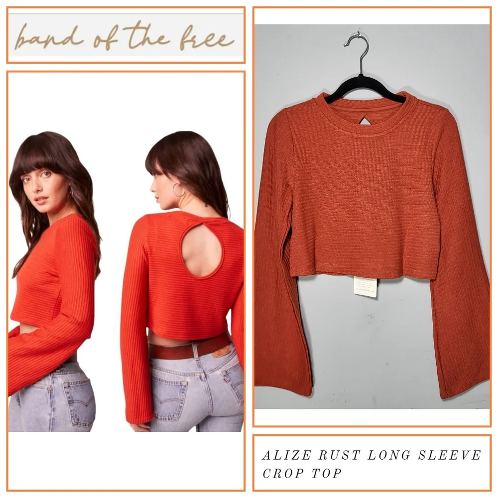 NWT BAND OF THE FREE Size XS Alize Top Ribbed Cropped Top Bell Sleeve in Rust